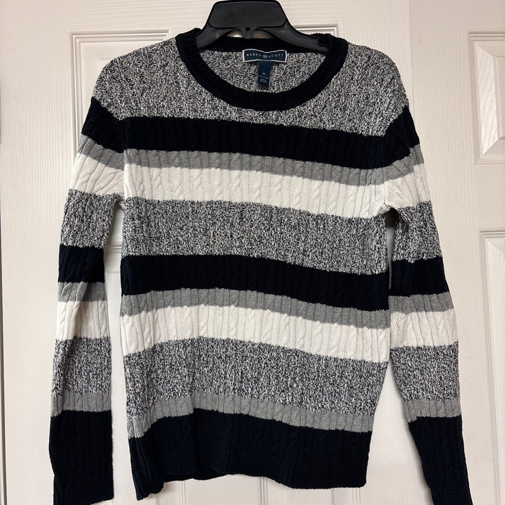 Karen Scott Black, Gray, and White Striped Crewneck Sweater